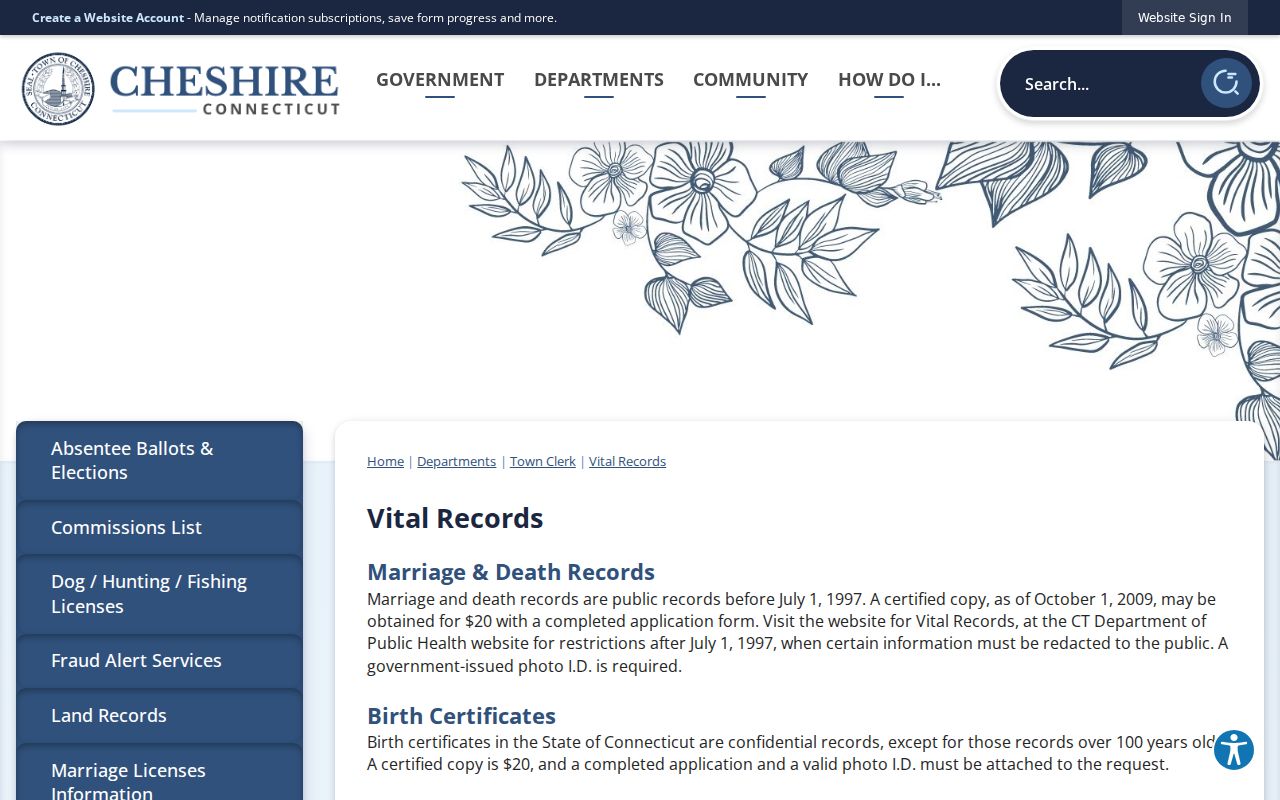 Cheshire residents directory vital records page