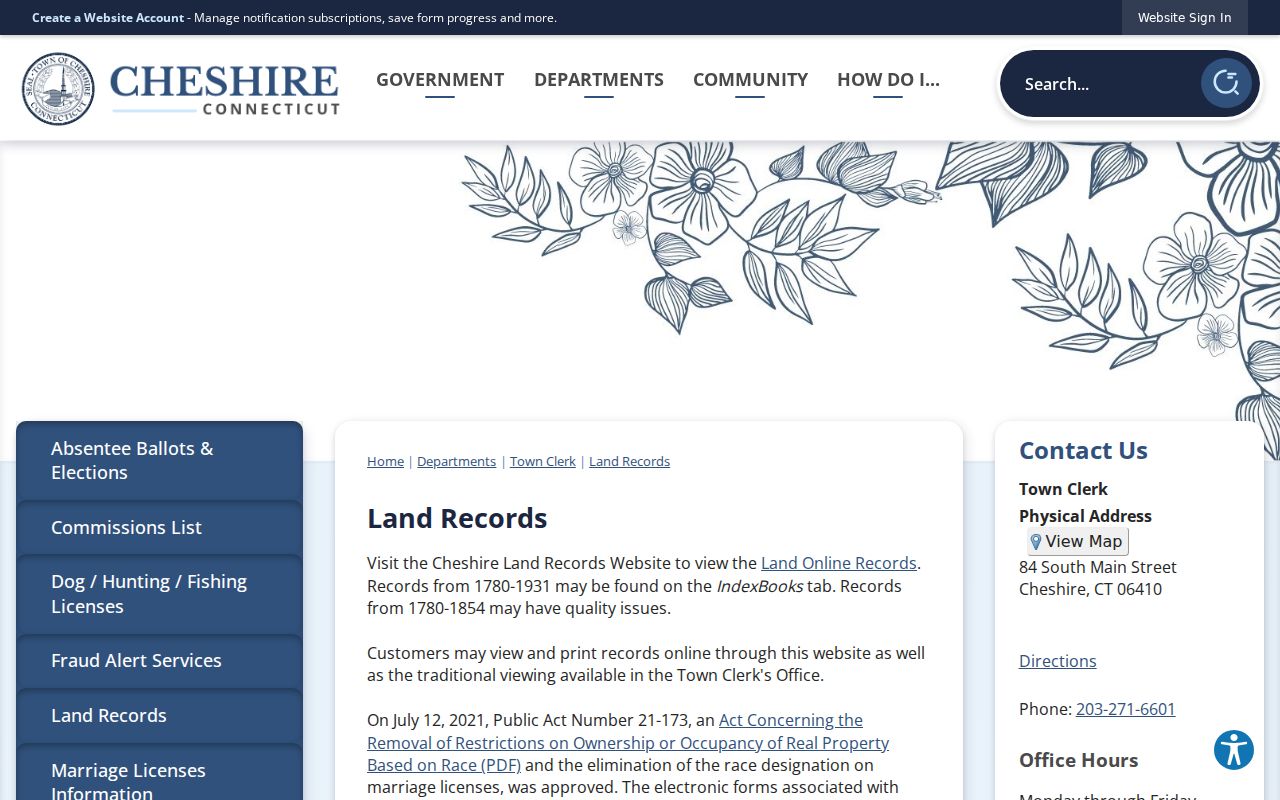 Cheshire residents directory land records page