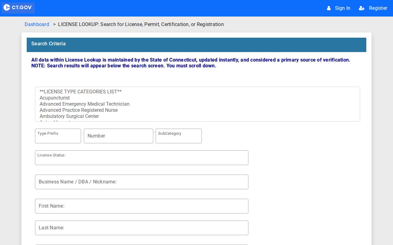 Cheshire resident lookup Connecticut professional license search