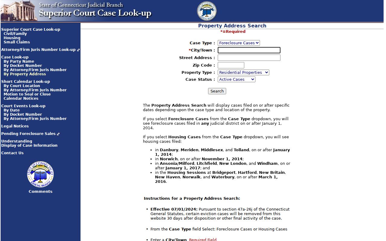 Cheshire ZIP code Judicial Branch property-address search